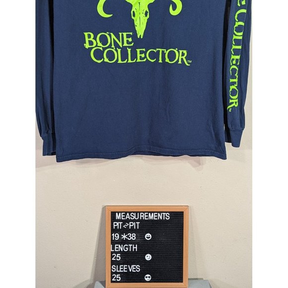 Bone Collector Long-Sleeve Skull Logo Graphic T-Shirt Navy Blue Neon Green Med - Picture 3 of 4